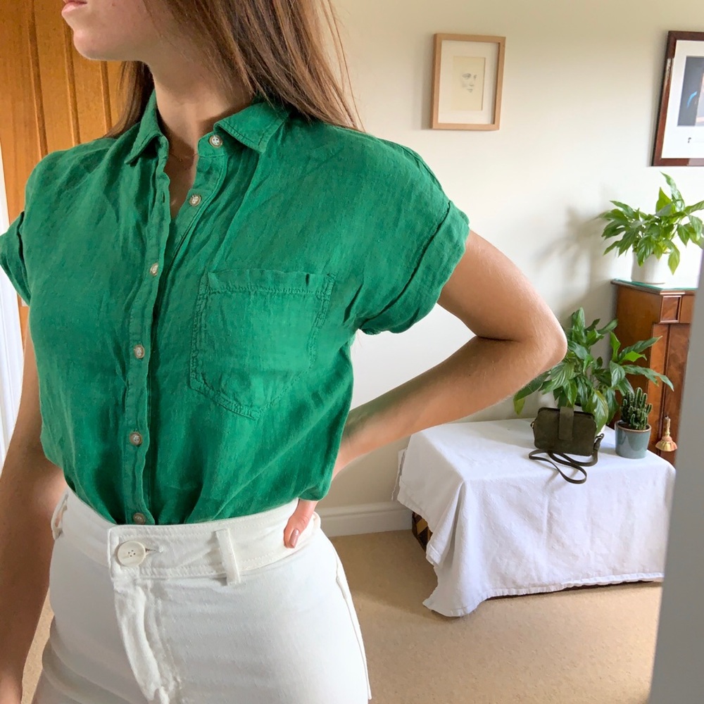 Zara Emerald Green Linen Button Down Shirt, size small